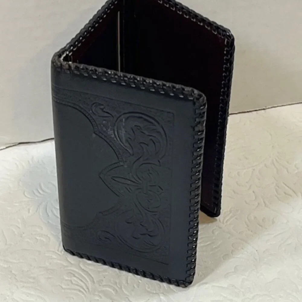 VTG Black Leather Trifold Tooled Stitched Wallet